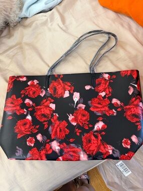 Victoria's Secret Black Tote with Red Rose Print and Gold Script